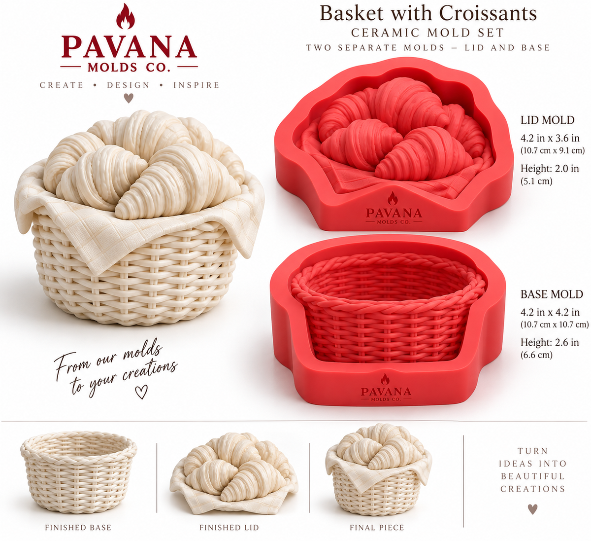 Pavana Basket with Croissants ceramic mold set - separate lid and base molds