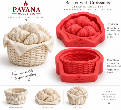 Pavana Basket with Croissants ceramic mold set - separate lid and base molds