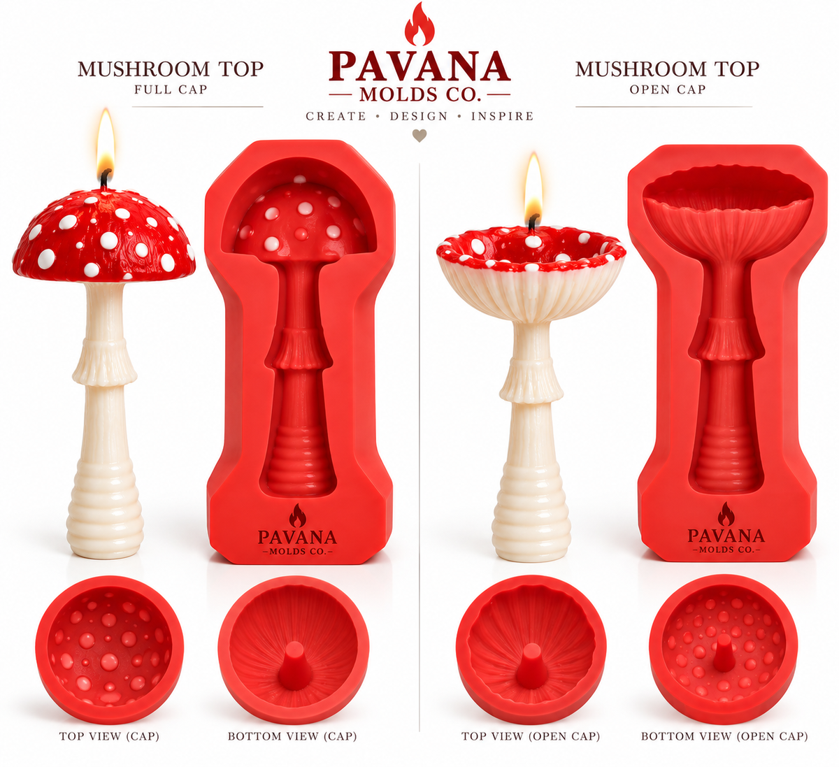 Pavana mushroom candle mold set with full cap and open cap designs