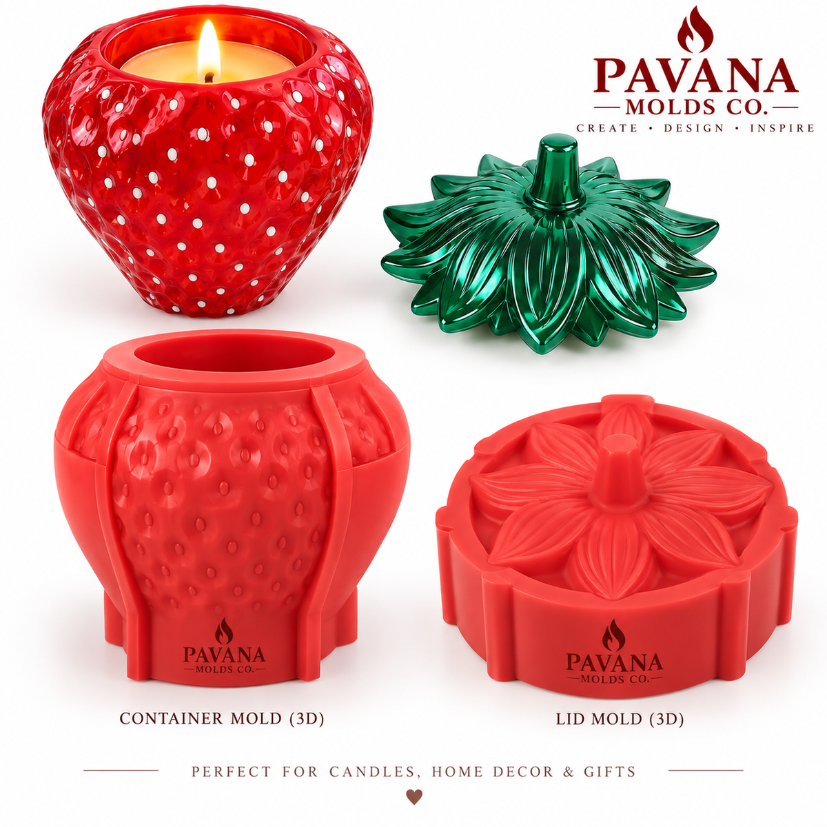 Pavana 3D strawberry container and lid silicone mold set